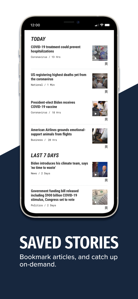 A smartphone screen showing the Saved Stories section of the WAVY TV 10 news app with a list of bookmarked articles.
