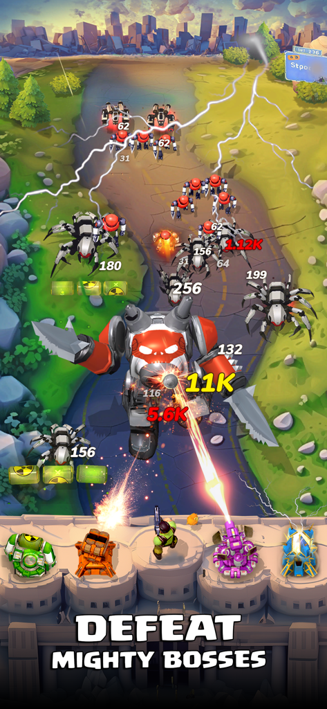 Last Legion: Tower Defense TD - Strategic battle in Last Legion Tower Defense showing heroes and turrets attacking a giant robot boss