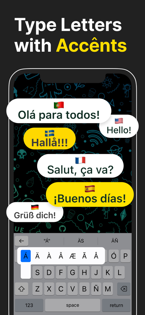 Fonts for iPhone & Keyboards - An iPhone screen displaying a custom keyboard for typing accented letters and multilingual chat bubbles.