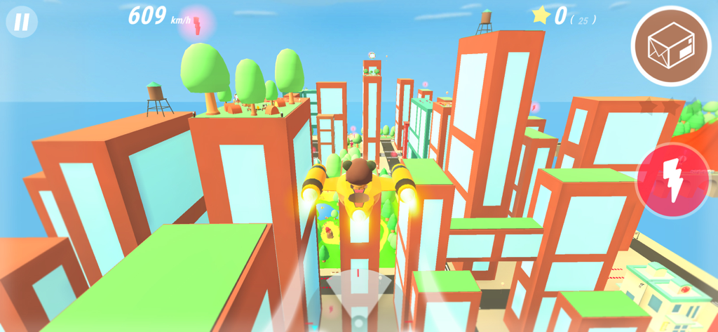 McPanda: Super Pilot Kids Game - McPanda flying a yellow jet through a colorful blocky city