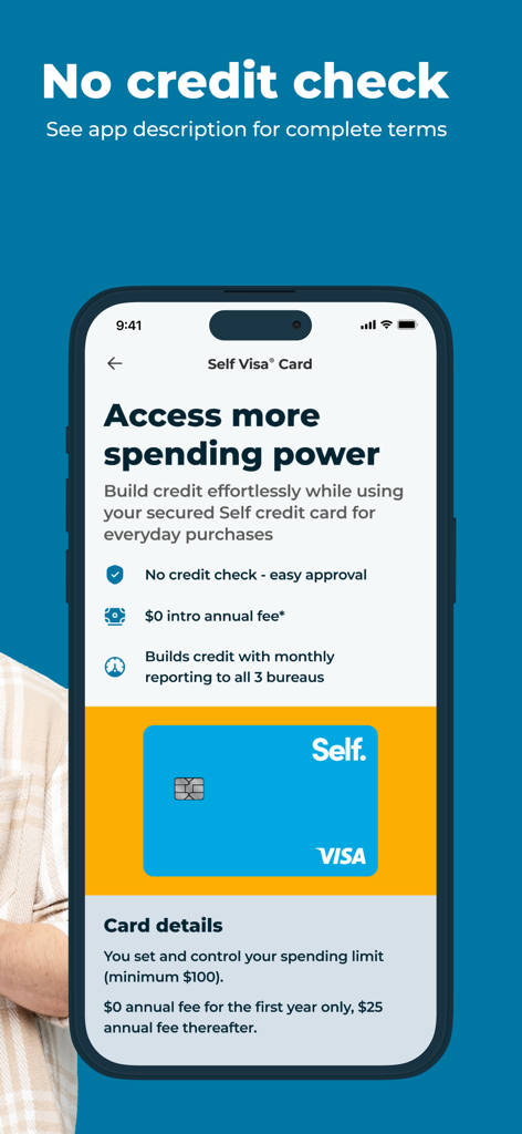 Self – Credit Builder & Cash - Pantalla de la aplicación Self mostrando los beneficios de la tarjeta de crédito Self Visa sin verificación de crédito y herramientas de construcción de crédito.