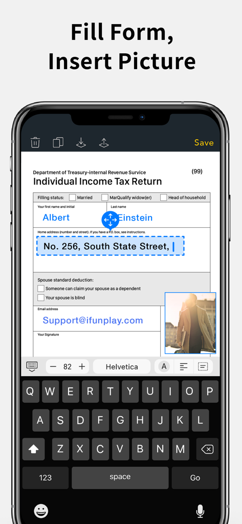 Scanner App - Scan & Edit PDF - Una pantalla móvil mostrando el uso de la aplicación escáner para completar un formulario de impuestos e insertar una imagen.