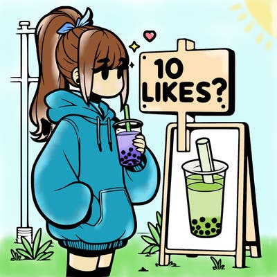 girl with oversized hoodie drinking boba and she has a high ponytail with a sign that says 10likes?