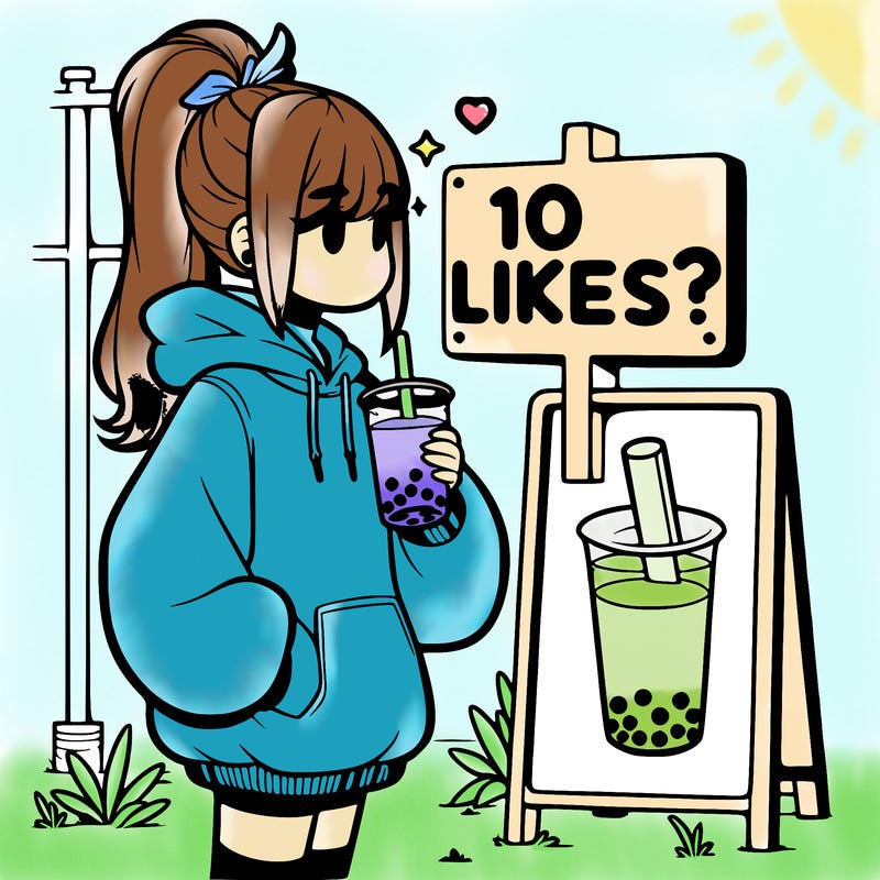 girl with oversized hoodie drinking boba and she has a high ponytail with a sign that says 10likes?