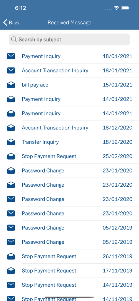 NBK International Mobile - Tela da caixa de entrada de mensagens do aplicativo NBK International Mobile mostrando consultas e solicitações bancárias.