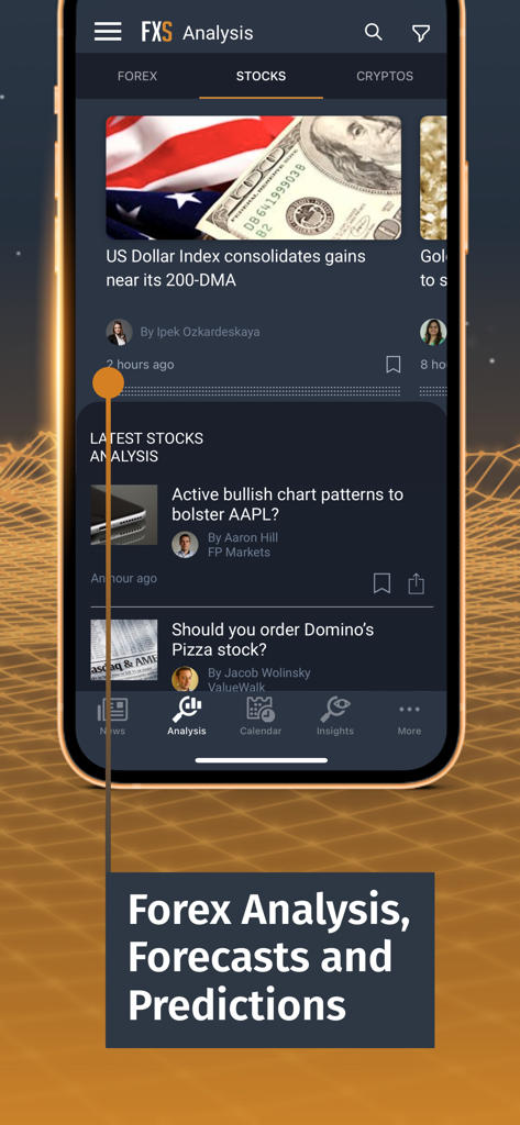 FXStreet – Forex & Crypto News - Interface do aplicativo FXStreet mostrando notícias de análise de mercado de ações e previsões financeiras