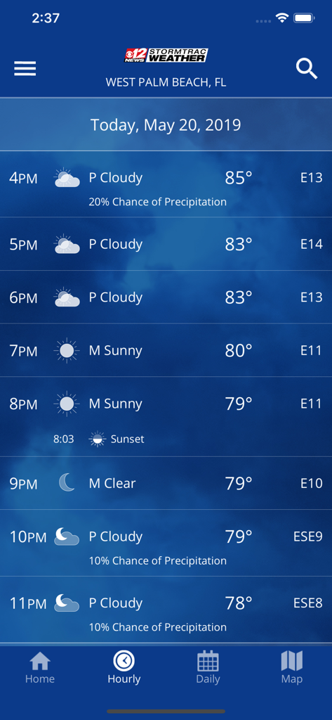 Hourly weather forecast view in the WPEC WX app for West Palm Beach Florida showing temperatures and conditions.