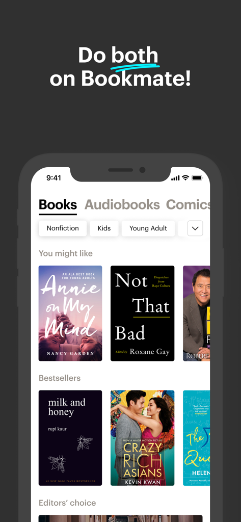 Smartphone screen of the Bookmate app showing a curated library of ebooks with categories like nonfiction and bestsellers