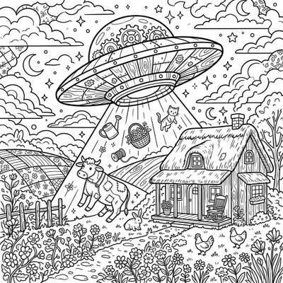 Prepare for an out-of-this-world coloring experience where rustic cottagecore charm meets an alien encounter. This unique page features a delightful scene of a UFO gently abducting farm animals and household items.