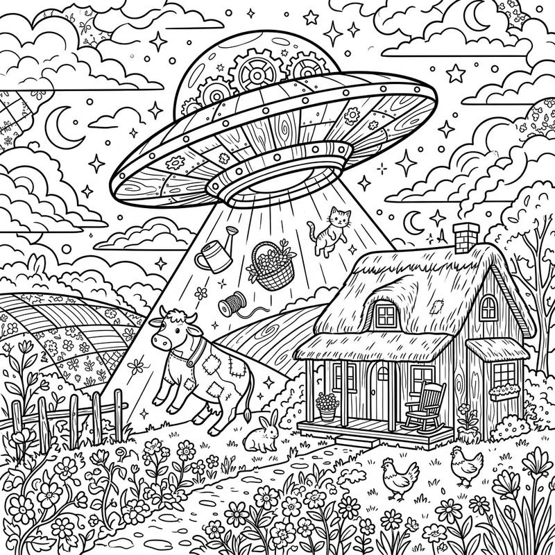 Prepare for an out-of-this-world coloring experience where rustic cottagecore charm meets an alien encounter. This unique page features a delightful scene of a UFO gently abducting farm animals and household items.