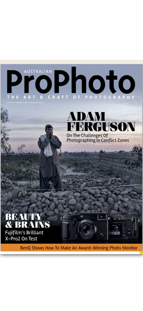 ProPhoto - Front cover of Australian ProPhoto magazine featuring a profile on Adam Ferguson and a Fujifilm X-Pro2 equipment test.