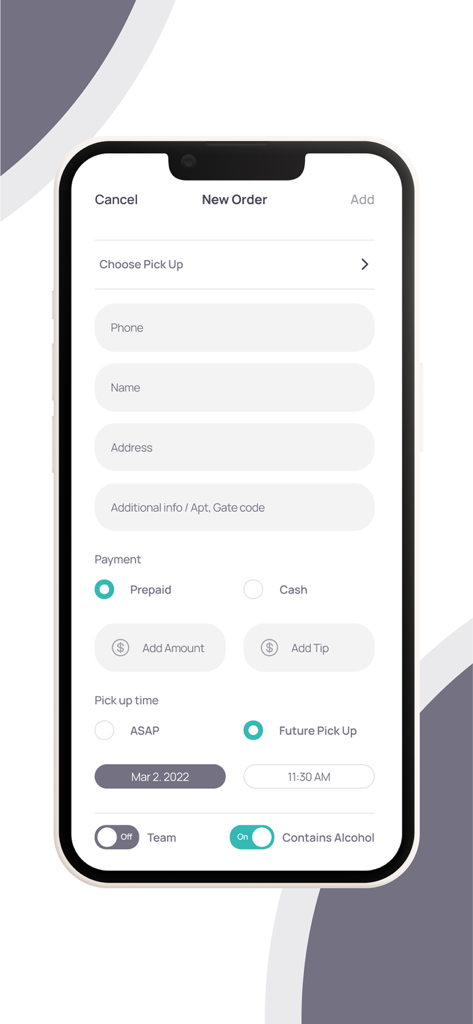 Cartwheel Dispatch - Interface for creating a new delivery order in the Cartwheel Dispatch app with customer information and delivery options