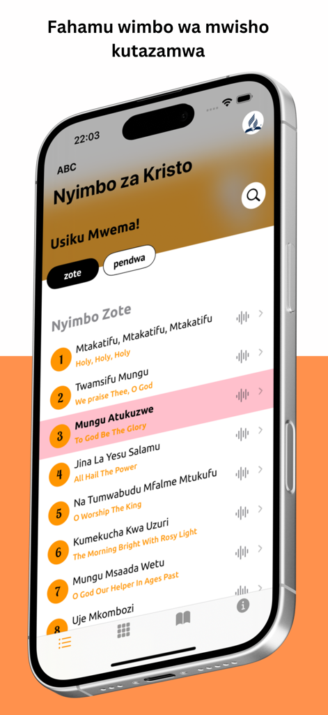 Nyimbo Za Kristo - Captura de pantalla de la aplicación Nyimbo Za Kristo en un iPhone que muestra una lista de himnos en suajili con subtítulos en inglés y opciones de audio