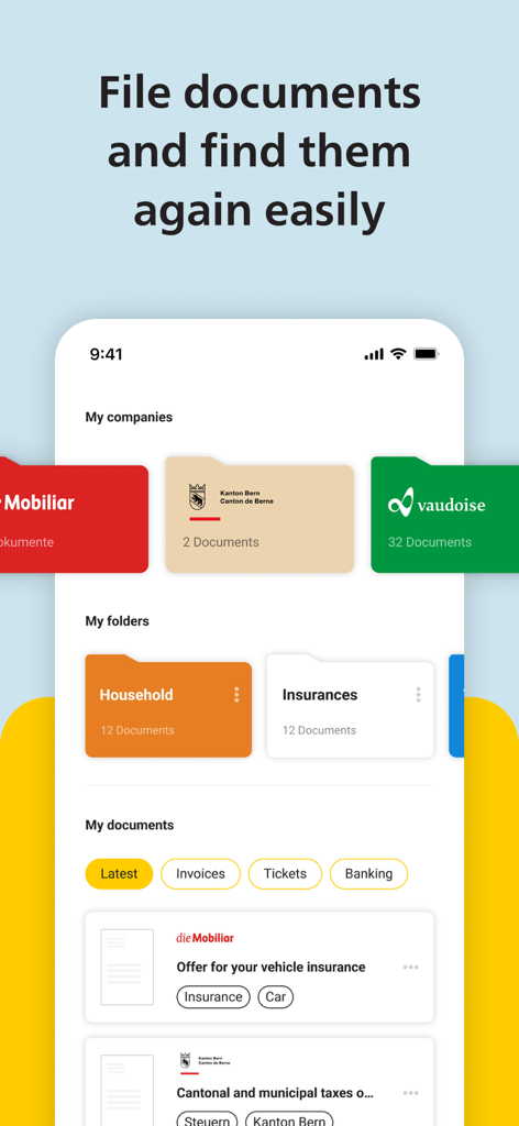 ePost App - Interface do ePost App mostrando pastas de documentos categorizadas e arquivamento inteligente