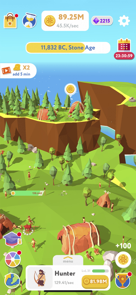 Idle Evolution Tycoon Clicker - Gameplay screenshot of Idle Evolution Tycoon showing a Stone Age world with primitive huts and cavemen.