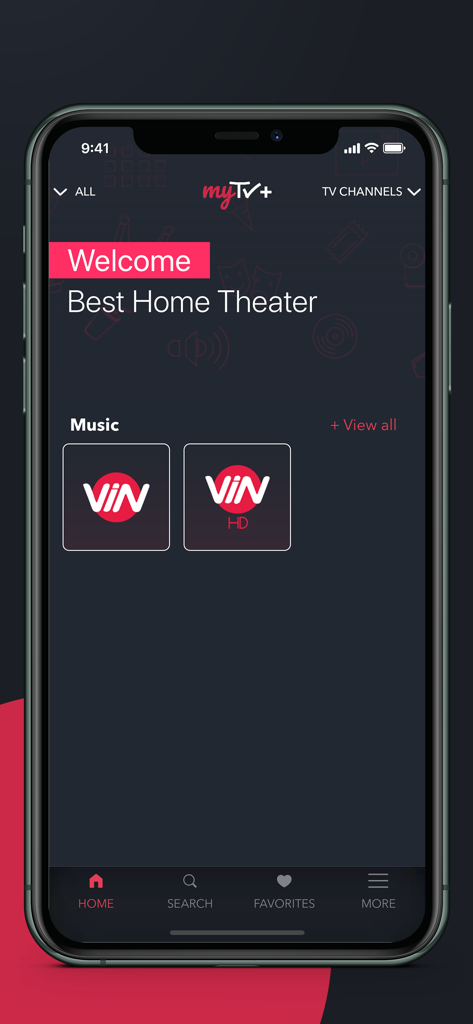 MyTV+ app home screen interface displaying Iraqi music channels like ViN