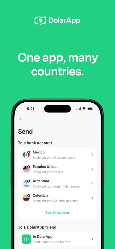 Tela DolarApp mostrando opções de transferência de dinheiro internacional para a América Latina e os EUA