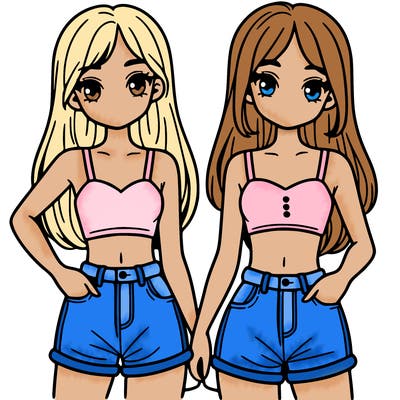 two sisters with crop tops and jean shorts and straight hair