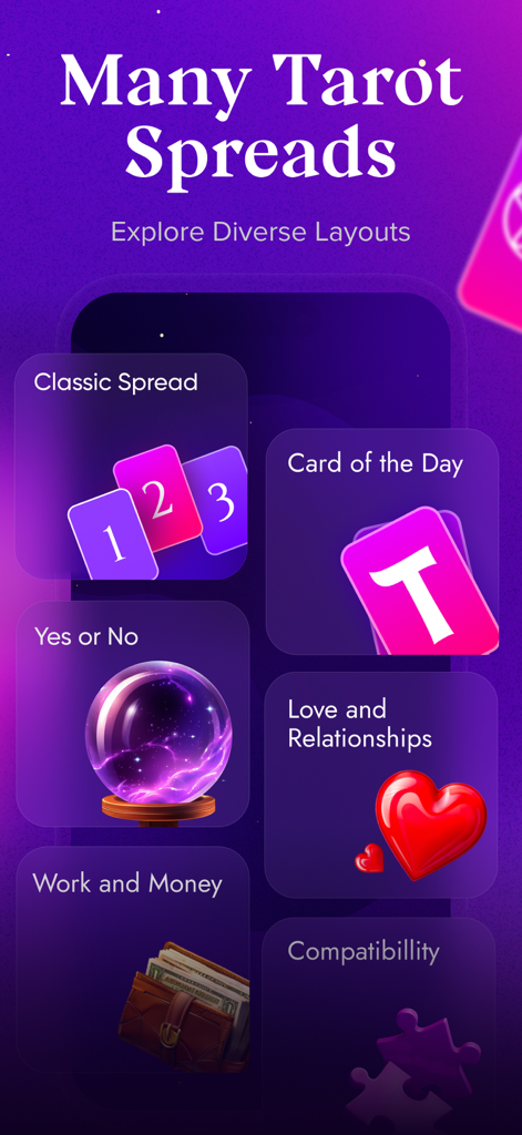 Lumi: AI Tarot & Horoscope - Interface of Lumi AI Tarot app displaying different tarot spread categories including Classic Spread, Card of the Day, and Love and Relationships.