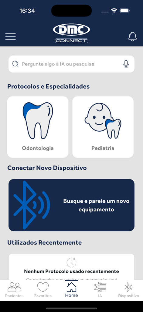 DMC Connect - Pantalla de inicio de la aplicación DMC Connect que muestra protocolos láser para odontología y pediatría, y opciones de emparejamiento de dispositivos.