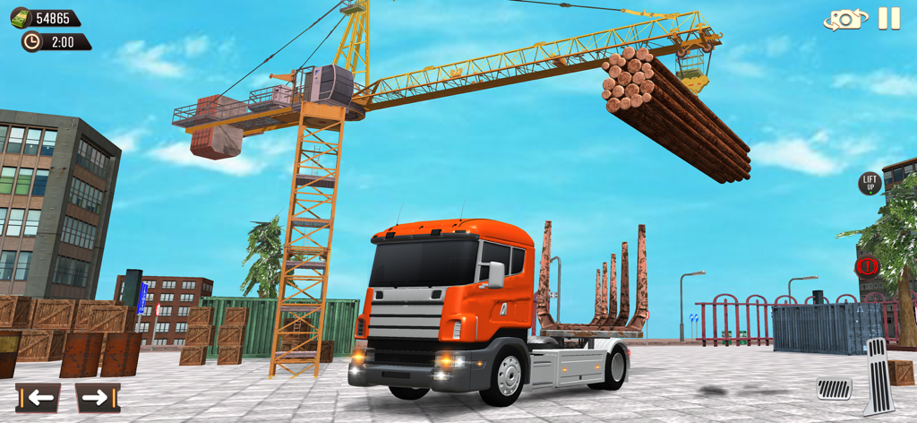 Cargo Transport Driving Truck - An orange transport truck being loaded with logs by a large yellow construction crane
