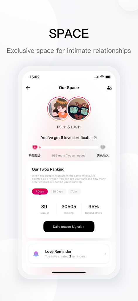 Totwoo app dashboard showing the Our Space interface for couples with interaction rankings and love certificates