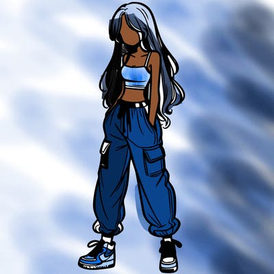 girl in baggy pants crop top and long hair