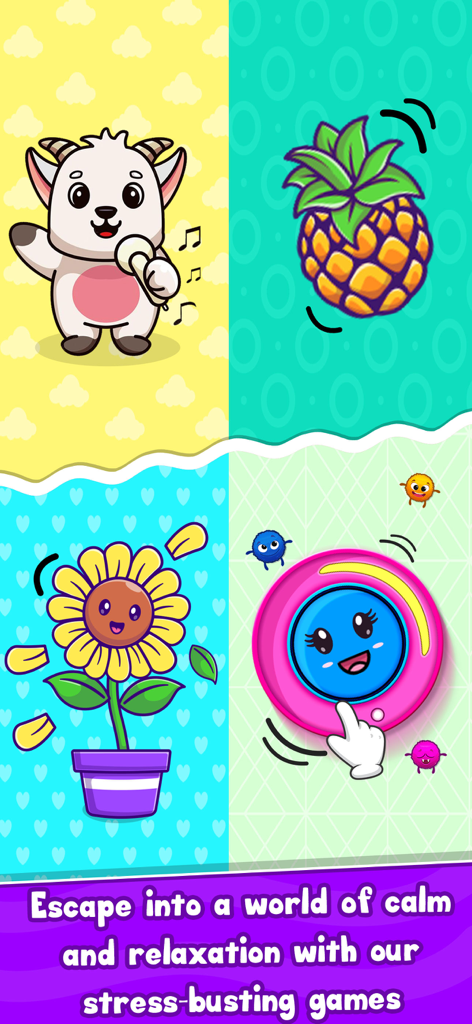 Baby Unicorn Phone For Kids 2+ - Una pantalla colorida que muestra juegos para aliviar el estrés para niños con un animal cantando, una piña, un girasol y un juguete pop-it.