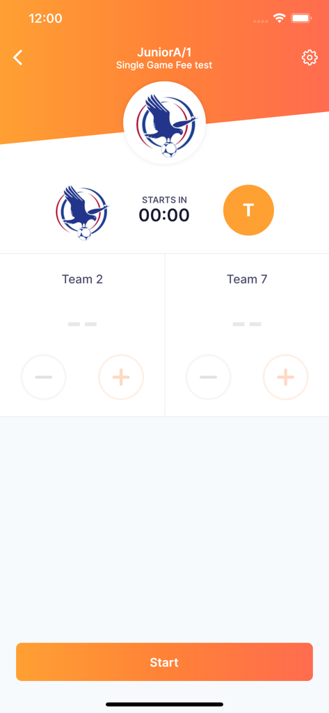 NetballConnect - Live game scoring interface in NetballConnect app with team score trackers and a start match button