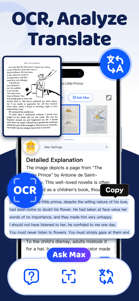 Scanner App: ScanMaster - ScanMaster app interface showing OCR text selection and AI translation of a book page.