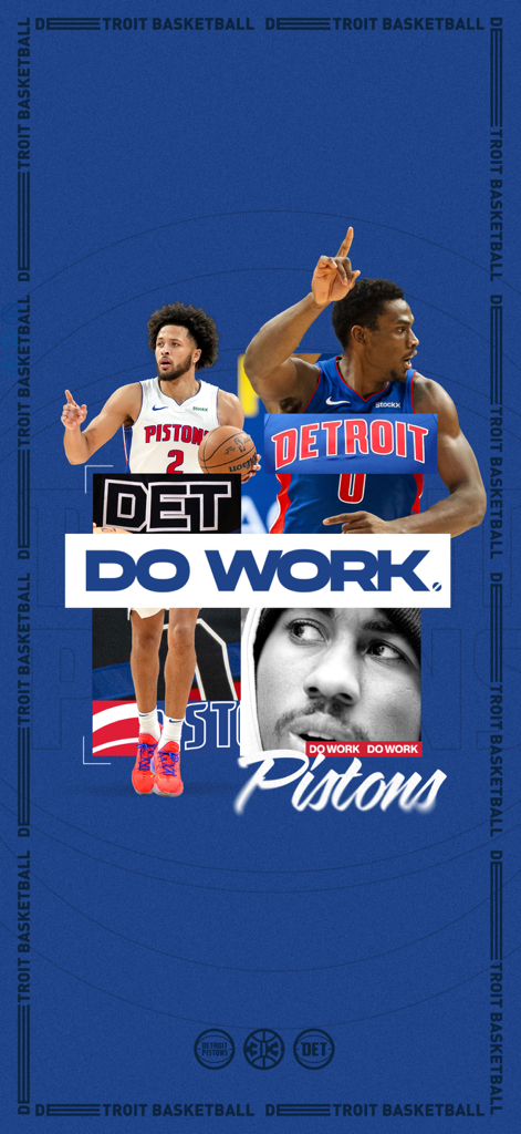 Official Detroit Pistons - Official Detroit Pistons app graphic featuring basketball players and the slogan DET DO WORK on a blue background