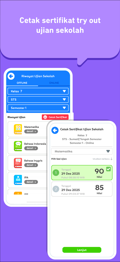 Soal Ujian SMP + TKA - Interface of the Soal Ujian SMP app displaying exam history and certificates for student test scores.
