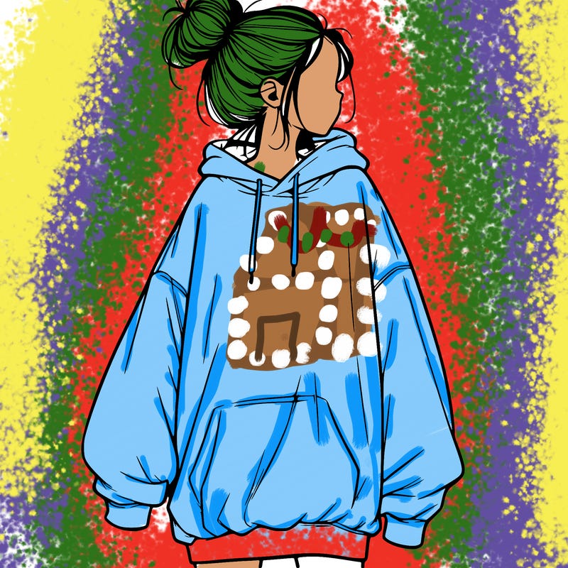 realistic girl with a oversized sweatshirt on and a bun