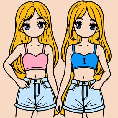two sisters with crop tops and jean shorts and straight hair