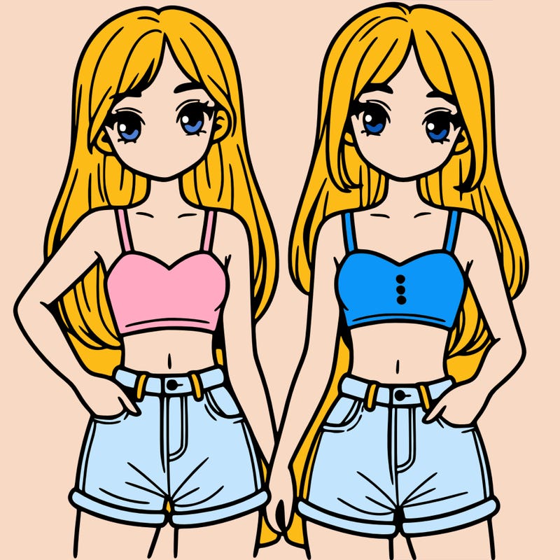 two sisters with crop tops and jean shorts and straight hair