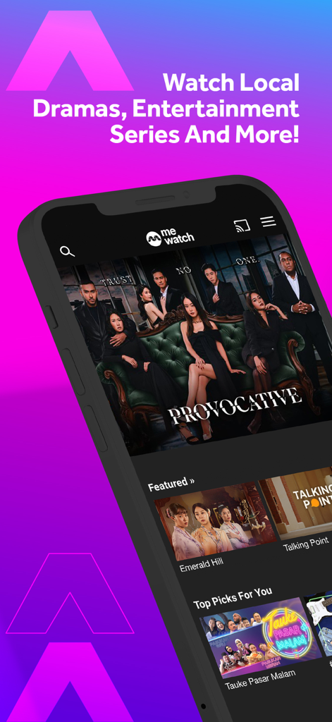 Interfaz de la aplicación mewatch en un smartphone con dramas y programas de entretenimiento locales de Singapur