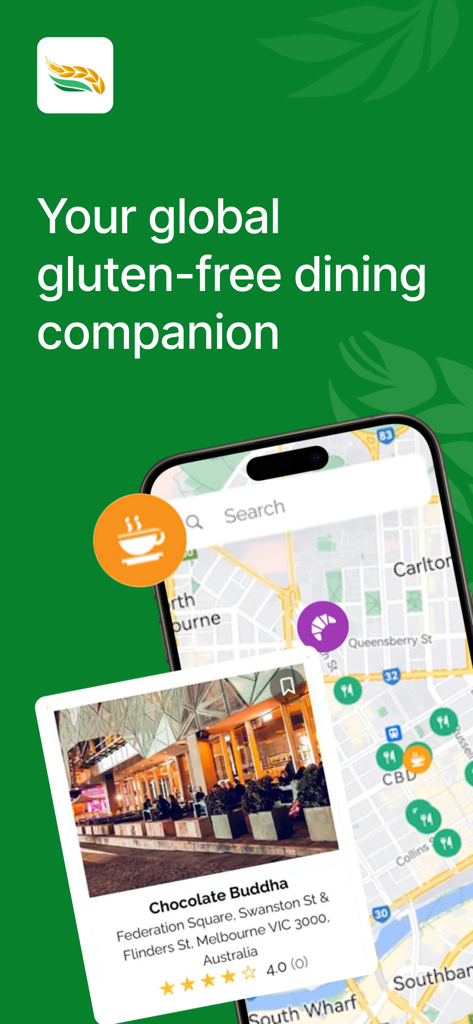Interfaz de la aplicación Gluten Free Global que muestra un mapa de restaurantes sin gluten y una recomendación de comida en Melbourne.
