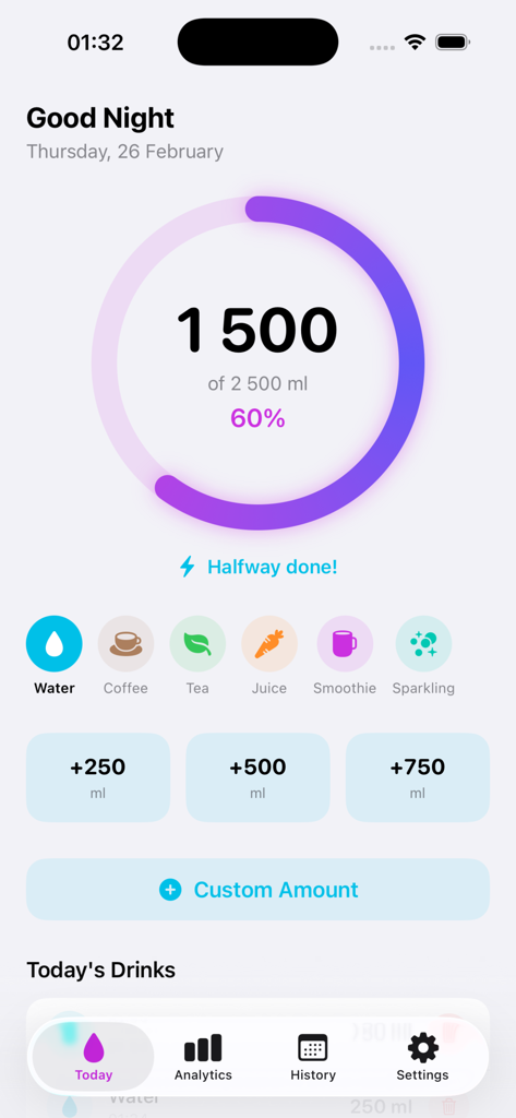 Drink Water Hydration Log App - Interfaz de la App Drink Water Hydration Log que muestra el progreso diario de ingesta de agua y opciones de registro rápido