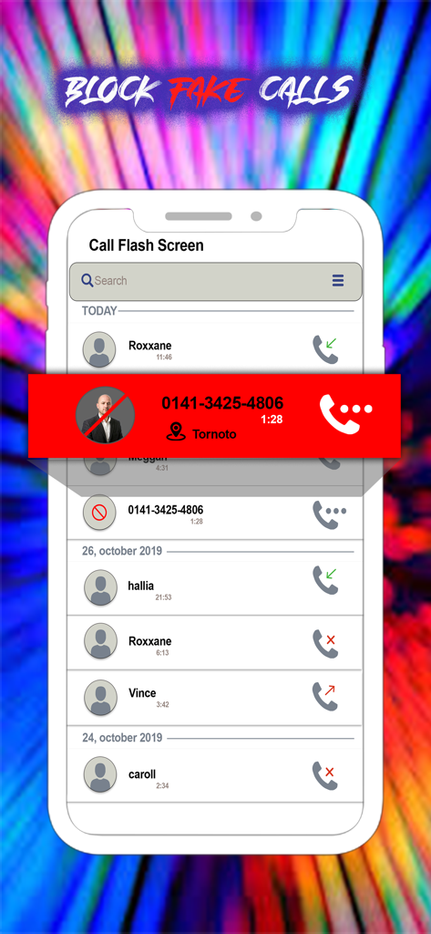 Interface of the Color Phone Ring app showing the block fake calls feature and call history list.