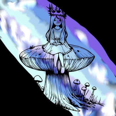 realistic girl sitting on a huge tree stump size toadstool with thorn crown