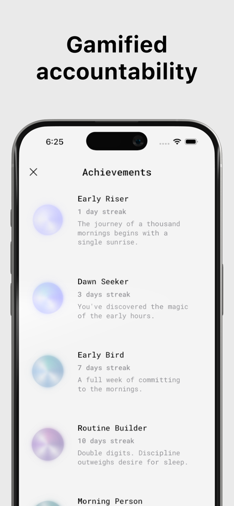 Erly: Wake Up Early - Schermata dei risultati nell'app Erly che mostra le streak di sveglia mattutina e traguardi come 'Early Riser' e 'Routine Builder'.