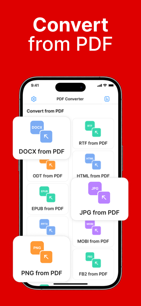 PDF Converter & PDF Creator - PDF에서 DOCX, JPG, PNG를 포함한 다양한 파일 형식 변환 옵션을 표시하는 스마트폰 화면.