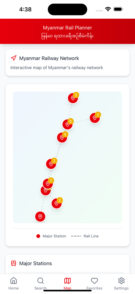 Interactive map of the Myanmar railway network with major stations and rail lines.