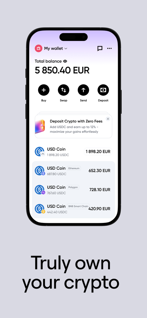 A smartphone showing the Simple crypto wallet dashboard with a total balance and a list of USD Coin holdings across different networks.