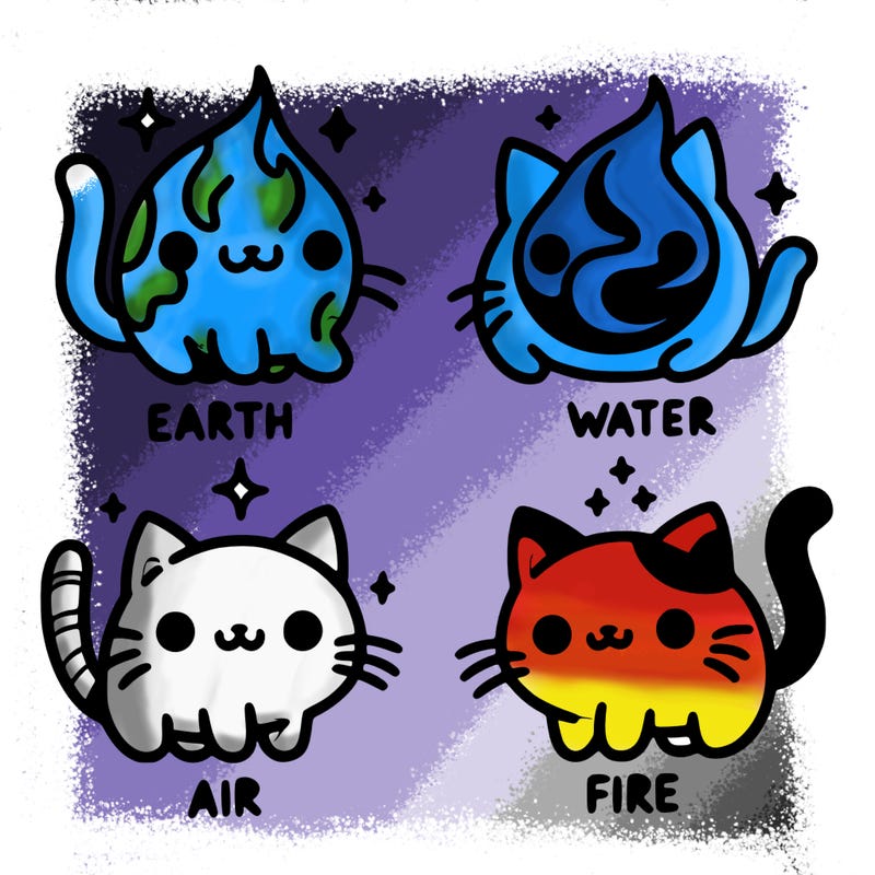 4 cats that represent the different elements, earth, water, air, and fire