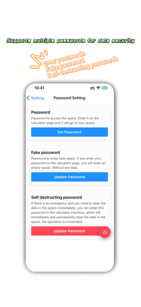 S Calculator – Private Vault - S Calculator app password settings screen showing primary fake and self destructing password options