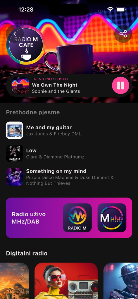 Radio M - Mobile screen of the Radio M app showing the music player for the Radio M Cafe channel with song history and digital radio options