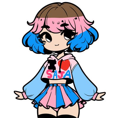 cute femboy with short, fluffy hair that softly frames their face, wearing a cropped hoodie, paired with a flouncy short skirt, and thigh-high stockings