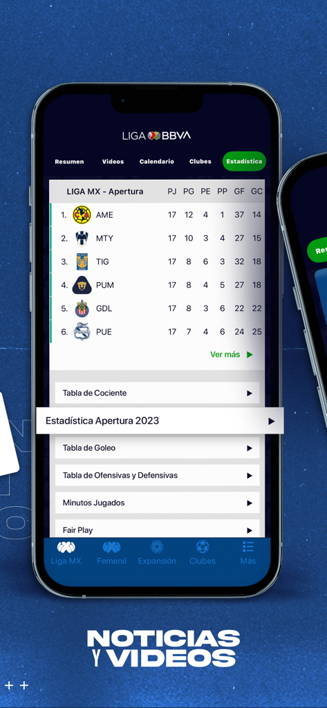 Liga BBVA MX app showing league standings and team statistics