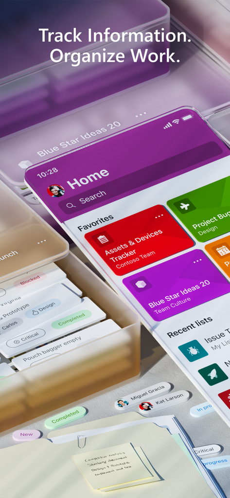 Tela inicial do aplicativo móvel Microsoft Lists mostrando rastreamento de tarefas e organização de projetos